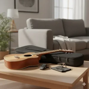 An image of a small guitar along with essential accessories like a tuner, capo, and a small gig bag.