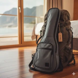 A compact travel small guitar packed in a soft case, ready for an adventure.