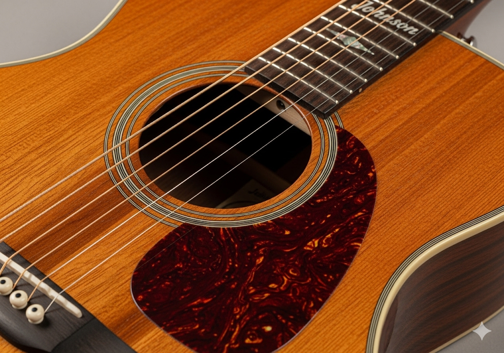 A close-up, high-quality image of a beautiful Johnson guitar, showing its detailed wooden body, strings, and soundhole, perfect for aspiring musicians.