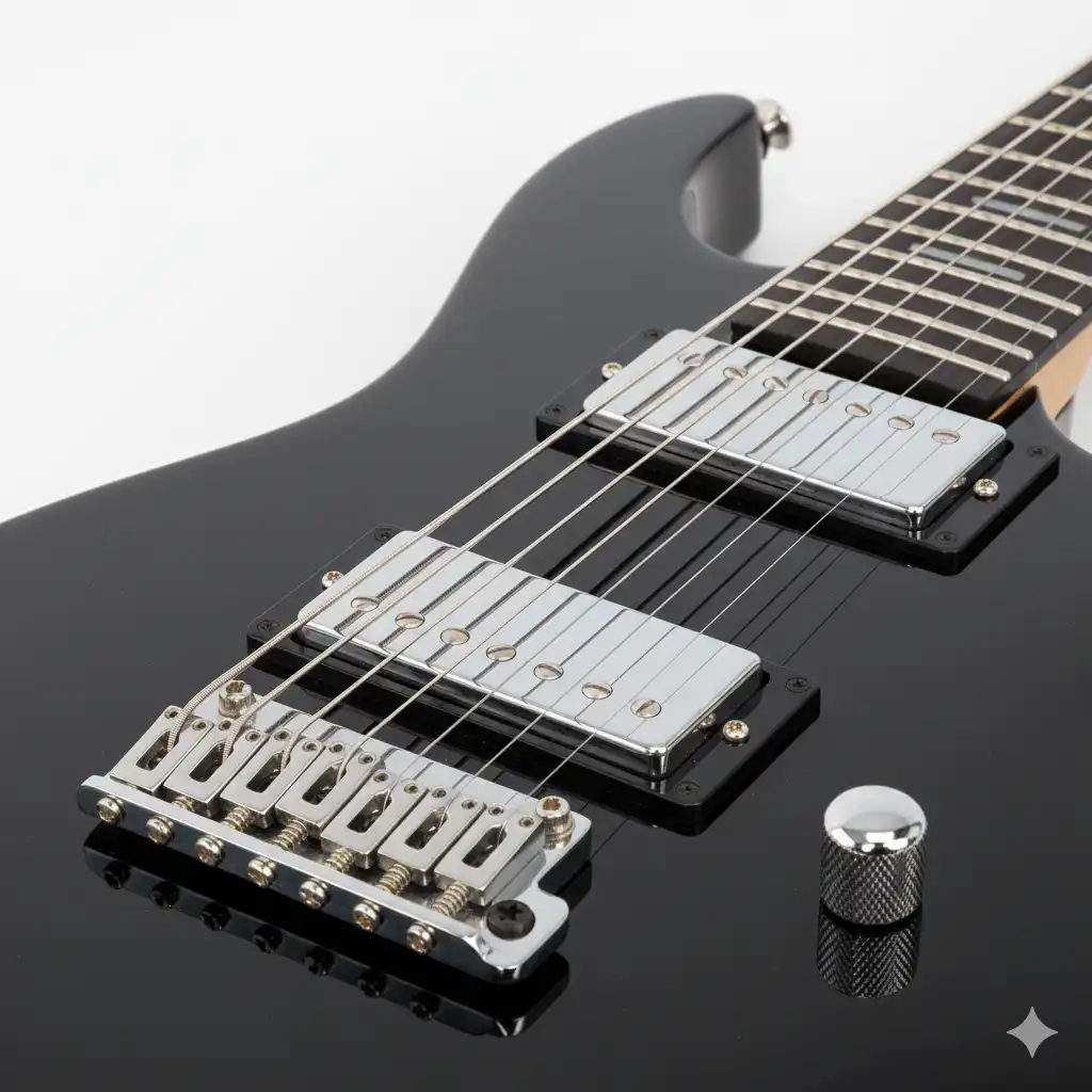 A close-up shot of a 7-string electric guitar showing a full set of 7 string guitar strings, from the low B to the high E.