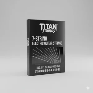 A new set of 7 string guitar strings, still sealed in its packaging, with gauges and brand name clearly visible.