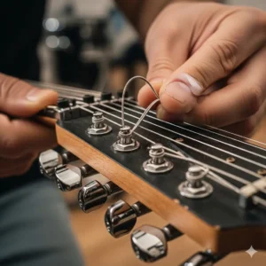 A person's hands carefully winding one of the 7 string guitar strings onto the tuning peg of a 7-string guitar.
