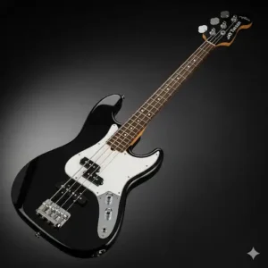A sleek black Jay Turser JTB-400C bass guitar with a classic body shape.