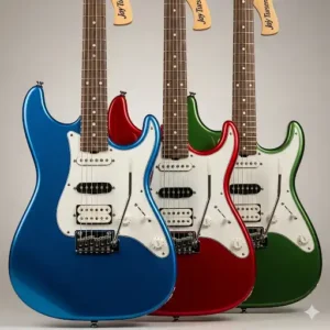 A lineup of three Jay Turser JT-300M series electric guitars in different metallic finishes, showcasing their distinct colors.