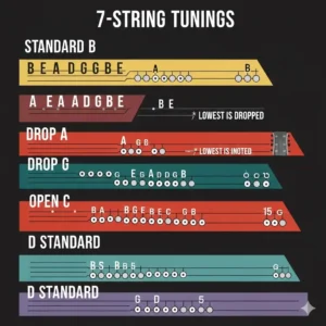 An infographic illustrating popular tunings for guitars with 7 string guitar strings, including standard B, drop A, and others.
