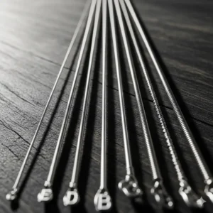  A close-up of a full set of 7 string guitar strings, neatly laid out to show the varying thicknesses of each string.
