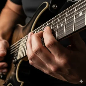  A guitarist's fingers fretting a heavy riff on the thick, low 7 string guitar strings.