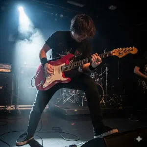 A person playing a Jay Turser electric guitar on stage, illuminated by a spotlight, to illustrate its use in a live setting.
