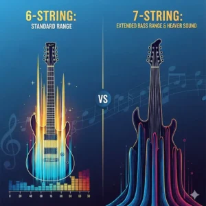 An illustration or graphic representing the extended bass range and heavier sound created by 7 string guitar strings compared to a standard 6-string.