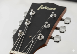  A clear shot of the Johnson guitar headstock, featuring the brand's logo and the tuning pegs.