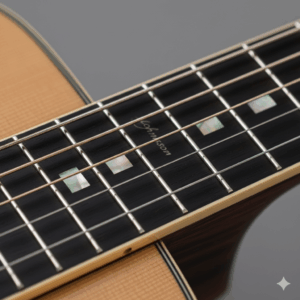 A close-up detail shot of the meticulous craftsmanship on a Johnson guitar, focusing on the quality of the fretboard and inlays.