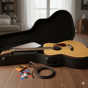 A Johnson guitar resting inside its padded carrying case, with additional accessories like a capo, tuner, and picks nearby.