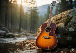 A Johnson guitar propped against a serene, natural background, suggesting the instrument's versatility for any setting.