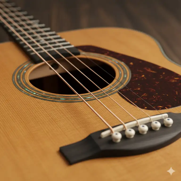 A close-up shot of the soundhole and fretboard of a best yamaha acoustic guitar, showcasing its wood grain and craftsmanship.