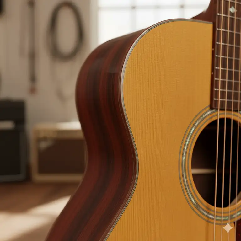 Close-up view of a cutaway acoustic guitar's lower bout, showcasing the sleek Venetian cutaway design.