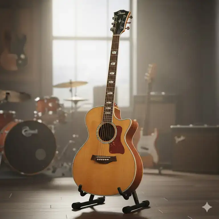 A dean acoustic electric guitar in a natural wood finish, displayed on a stand.
