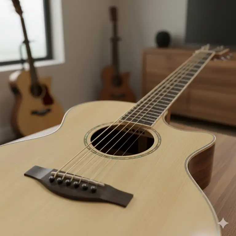 Close-up of a beautiful fanned fret acoustic guitar with a natural wood finish, highlighting the angled frets and unique bridge design.