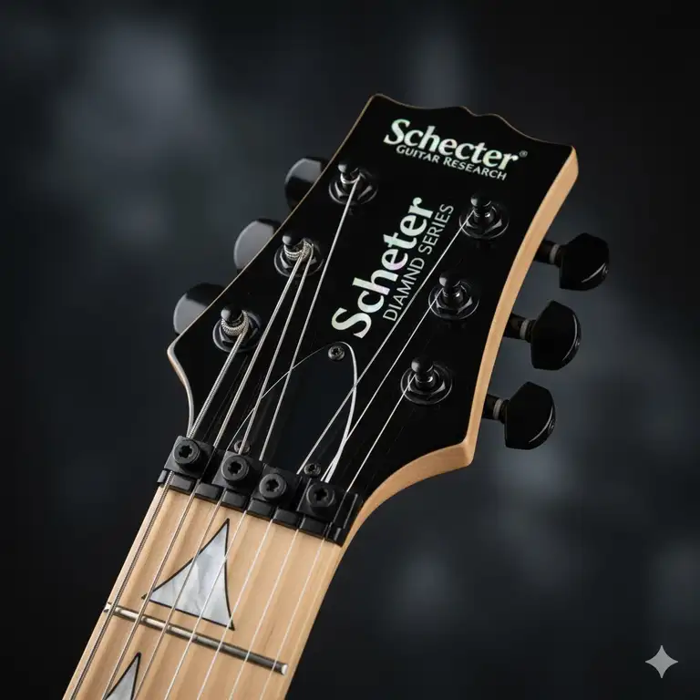 A close-up of a high-performance electric guitar, the centerpiece of the schecter guitar research diamond series.