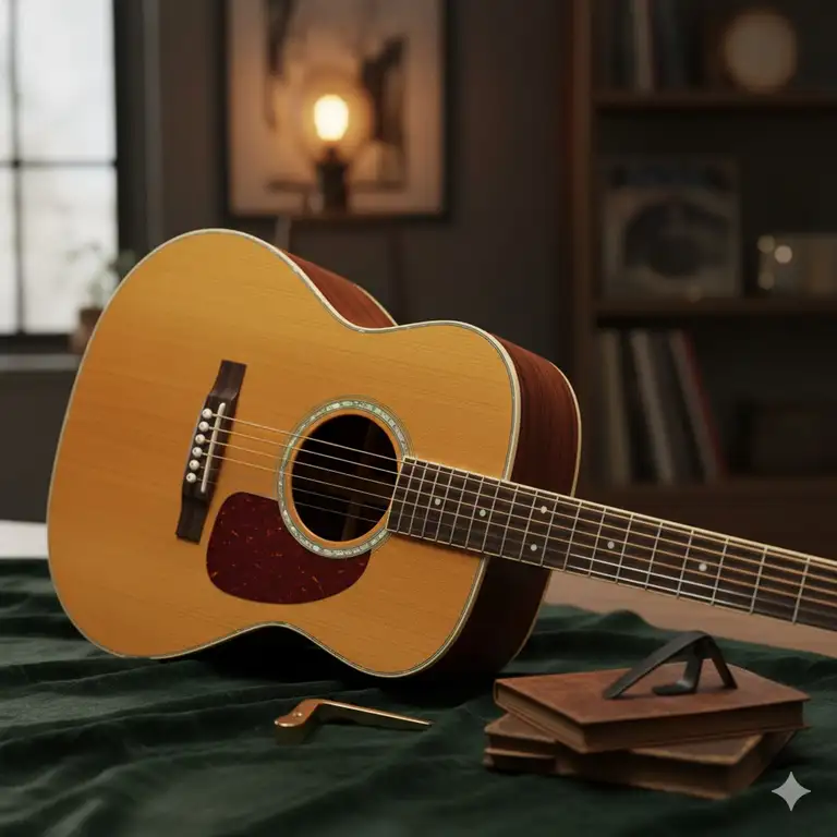 Classic six-string flat top guitar with a natural wood finish, ideal for fingerstyle playing.