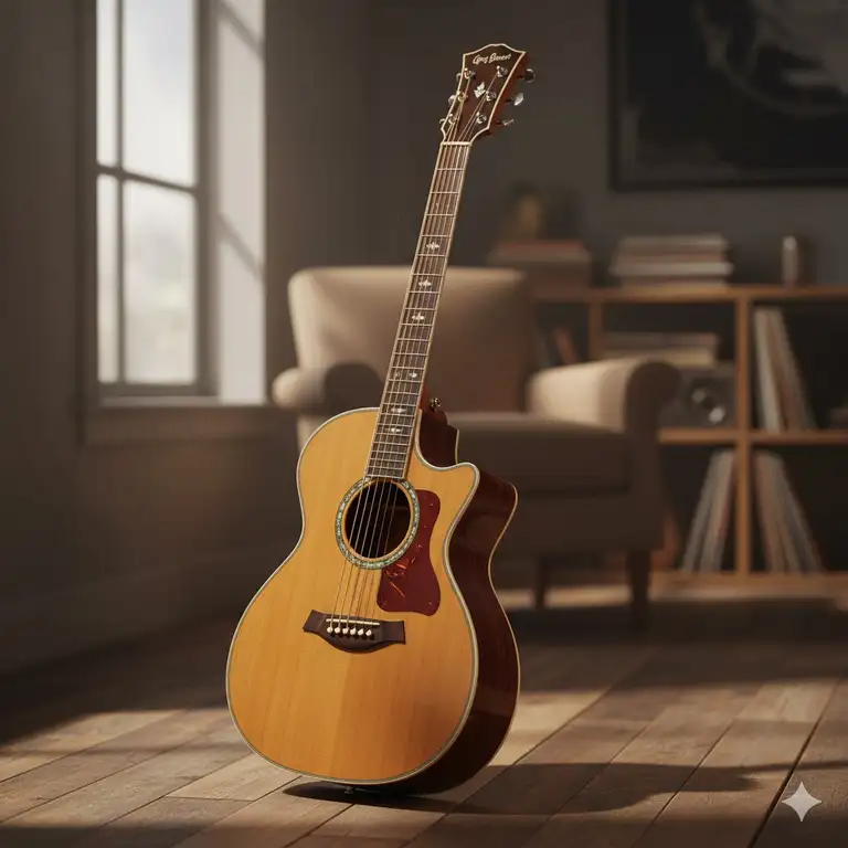 A stunning, close-up photograph of a greg bennett acoustic guitar, showcasing its natural wood finish and elegant body shape.