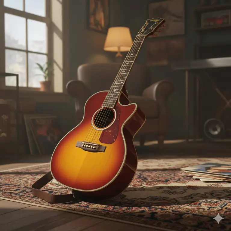 Gretsch jim dandy guitar in a classic sunburst finish, a parlor-style acoustic guitar with vintage aesthetic for blues and folk playing.