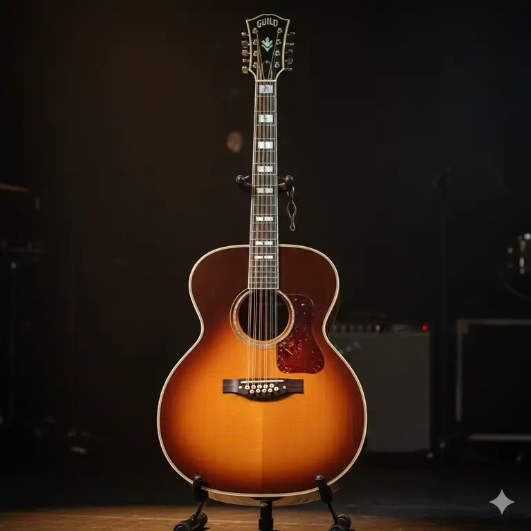 A beautiful vintage Guild F-512 jumbo 12-string acoustic guitar with a sunburst finish on a stage stand.