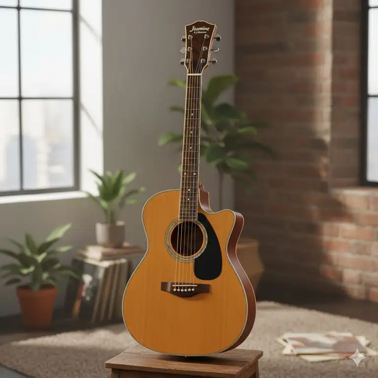 Full view of the jasmine takamine acoustic guitar, a great beginner model.