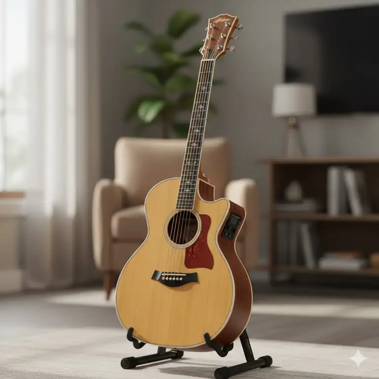 A beautiful, natural finish left handed acoustic electric guitar on a stand, highlighting its cutaway body and built-in electronics.