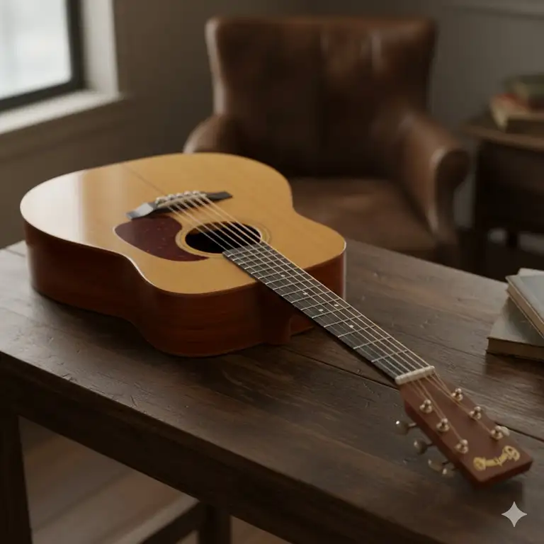 A close-up, high-resolution shot of a Martin D-18 acoustic guitar, showcasing its classic mahogany back and sides with a natural spruce top.