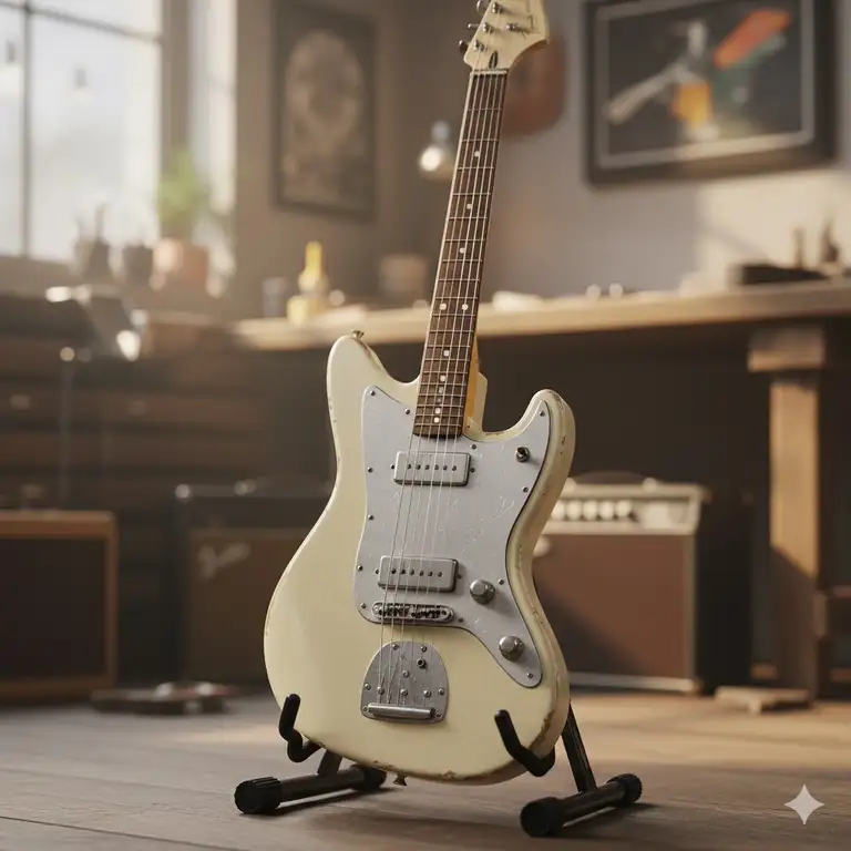 A vintage white offset guitar resting on a stand in a workshop.