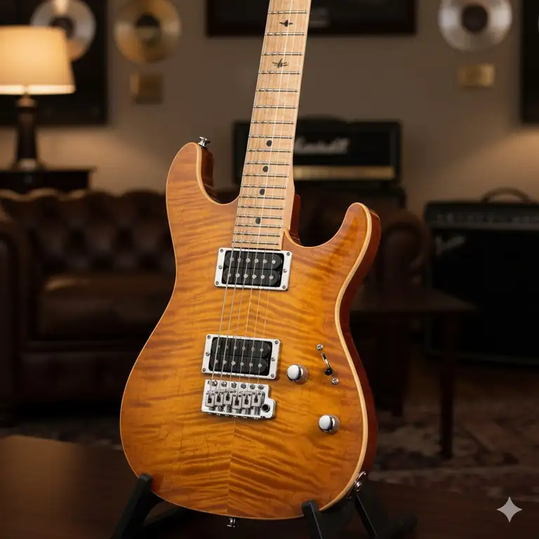Detailed photograph of a peavey wolfgang guitar USA model with a figured maple top and Floyd Rose tremolo system.