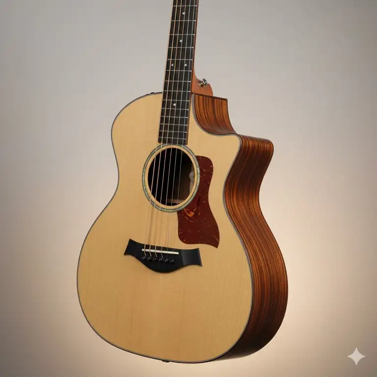 A close-up shot of the Taylor Big Baby guitar, highlighting the spruce top and Sapele back and sides, ideal for travel or beginning players.