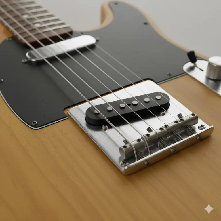 A close-up shot of telecaster guitar pickups installed on a vintage-style body, showing the distinctive slanted bridge pickup and chrome neck pickup cover.