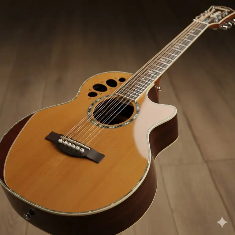 A close-up shot of a beautiful Ovation 12 string guitar, highlighting the distinct roundback bowl and multi-port soundholes.