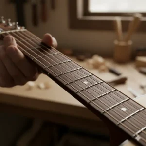 Detailed close-up of the headstock and logo on the breedlove 12 string guitar. 