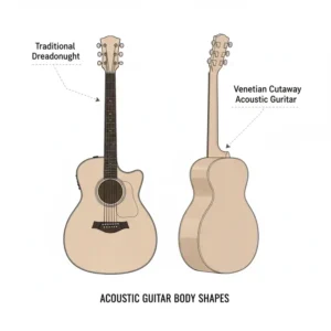 Detailed illustration comparing a traditional dreadnought with a Venetian cutaway acoustic guitar body style. 