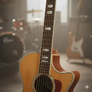 Close-up shot of the fretboard and inlays on a dean acoustic electric guitar.