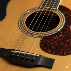 Detailed view of the decorative rosette around the flat top guitar's soundhole. 