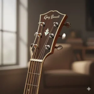 Detail shot of the distinctive logo on the headstock of a greg bennett acoustic guitar, often associated with Samick instruments.