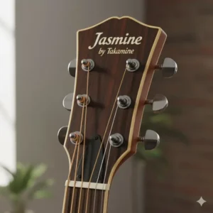Close-up of the logo on the headstock of the jasmine takamine acoustic guitar.