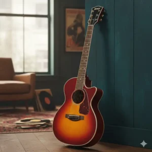 The jim dandy guitar in a vibrant Rex Burst finish, known for its small size and rich vintage tone.