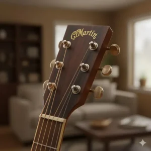 Detailed view of the iconic Martin D-18 headstock with the 'C.F. Martin' logo and open-gear tuners. 