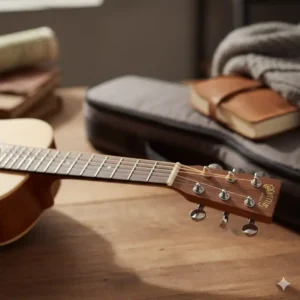 Close-up view of the **Martin mini guitar** headstock featuring the iconic Martin logo and tuners. 