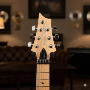 Close-up shot of the headstock on a peavey wolfgang guitar showing the Peavey logo and chrome tuners.