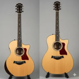 Side-by-side comparison illustrating the $\frac{15}{16}$ scale size of the Taylor Big Baby guitar next to a standard dreadnought acoustic guitar.