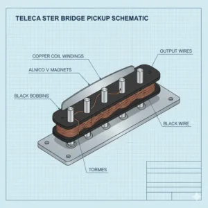 Schematic diagram of a traditional telecaster guitar pickups, highlighting the coils, magnets, and baseplate construction.