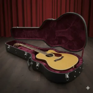 Open dreadnought guitar case showing the plush-lined, molded interior and ample neck support to secure the acoustic guitar. 