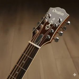 Detail of the signature Ovation 12 string guitar headstock, showing the tuners and the company logo clearly.