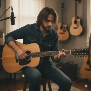 A clear view of the unique pinless bridge system on the breedlove 12 string guitar. 