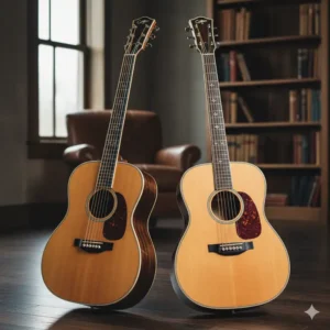 A side-by-side view of a Collings D2H dreadnought with rosewood back and sides. 